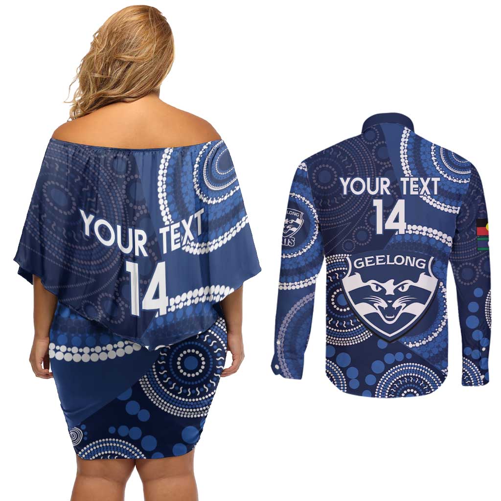 Custom AFL Geelong NAIDOC Week Couples Matching Off Shoulder Short Dress and Long Sleeve Button Shirt Keep The Fire Burning Indigenous Art