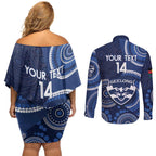 Custom AFL Geelong NAIDOC Week Couples Matching Off Shoulder Short Dress and Long Sleeve Button Shirt Keep The Fire Burning Indigenous Art