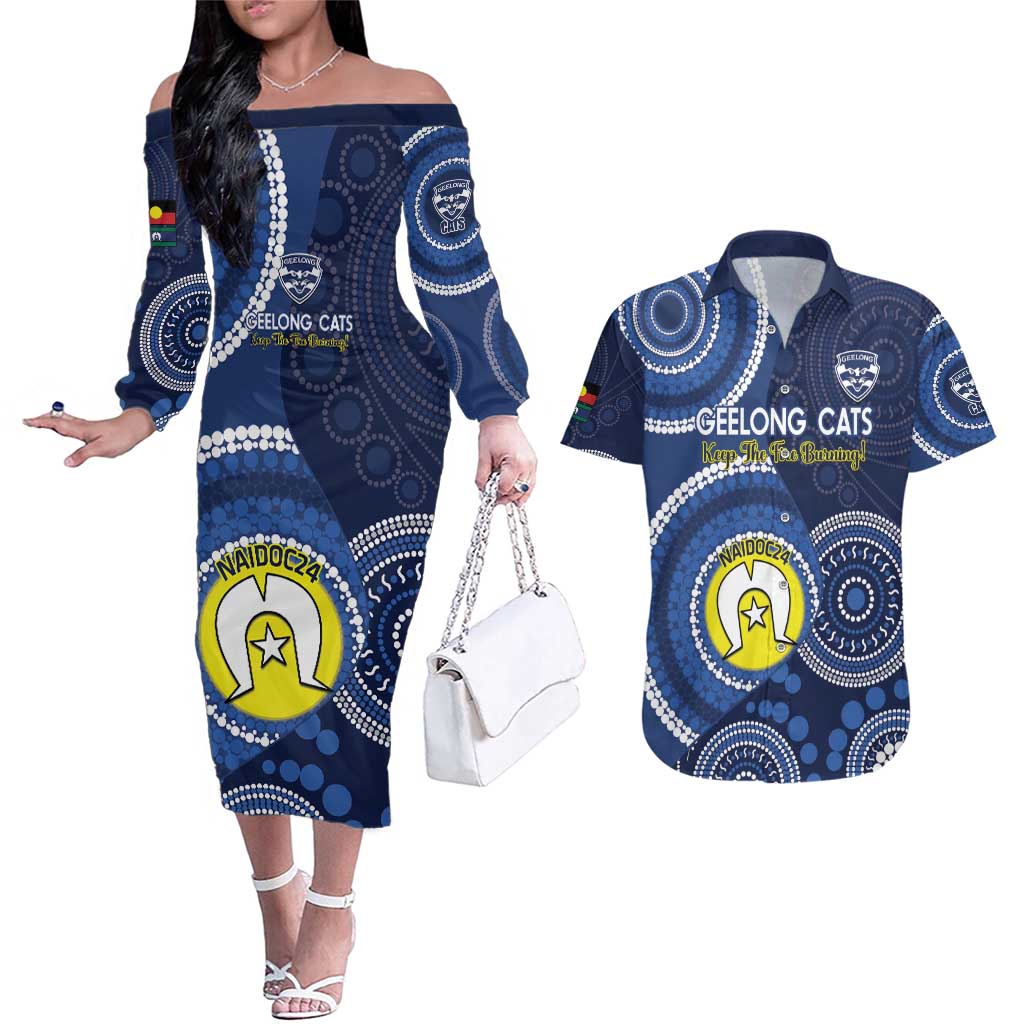 Custom AFL Geelong NAIDOC Week Couples Matching Off The Shoulder Long Sleeve Dress and Hawaiian Shirt Keep The Fire Burning Indigenous Art