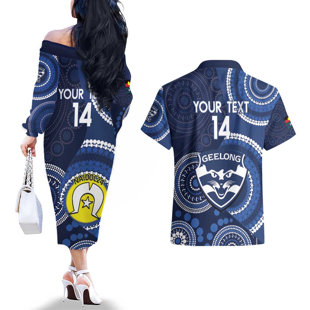 Custom AFL Geelong NAIDOC Week Couples Matching Off The Shoulder Long Sleeve Dress and Hawaiian Shirt Keep The Fire Burning Indigenous Art