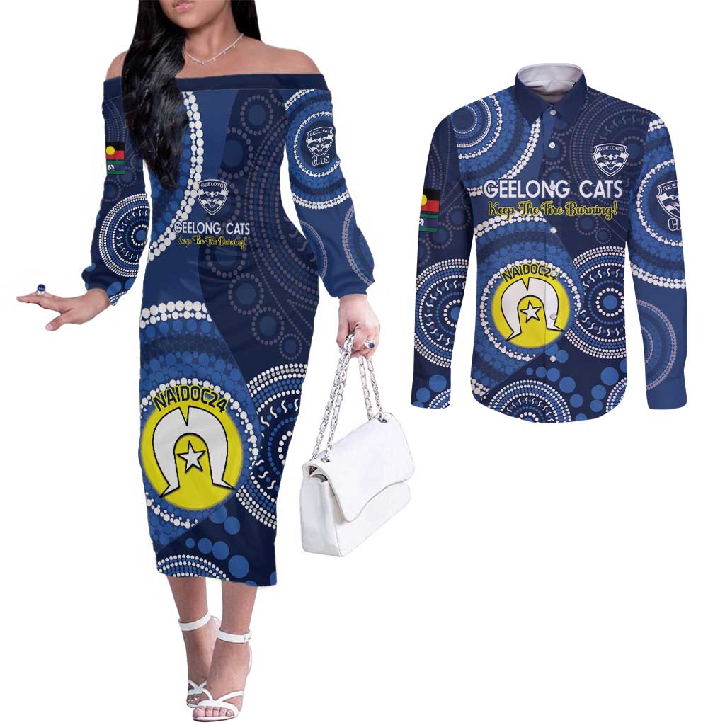Custom AFL Geelong NAIDOC Week Couples Matching Off The Shoulder Long Sleeve Dress and Long Sleeve Button Shirt Keep The Fire Burning Indigenous Art