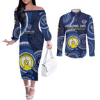Custom AFL Geelong NAIDOC Week Couples Matching Off The Shoulder Long Sleeve Dress and Long Sleeve Button Shirt Keep The Fire Burning Indigenous Art