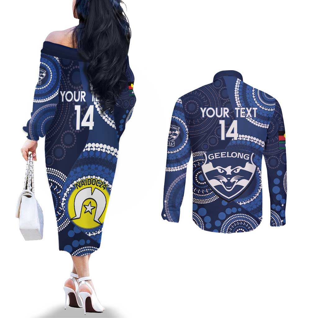 Custom AFL Geelong NAIDOC Week Couples Matching Off The Shoulder Long Sleeve Dress and Long Sleeve Button Shirt Keep The Fire Burning Indigenous Art