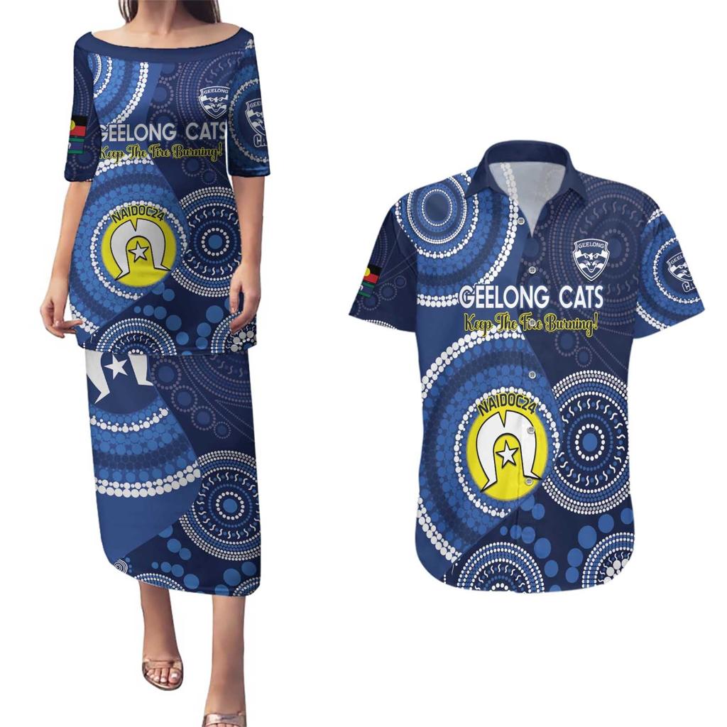 Custom AFL Geelong NAIDOC Week Couples Matching Puletasi and Hawaiian Shirt Keep The Fire Burning Indigenous Art