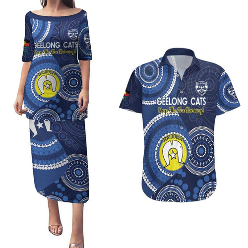 Custom AFL Geelong NAIDOC Week Couples Matching Puletasi and Hawaiian Shirt Keep The Fire Burning Indigenous Art