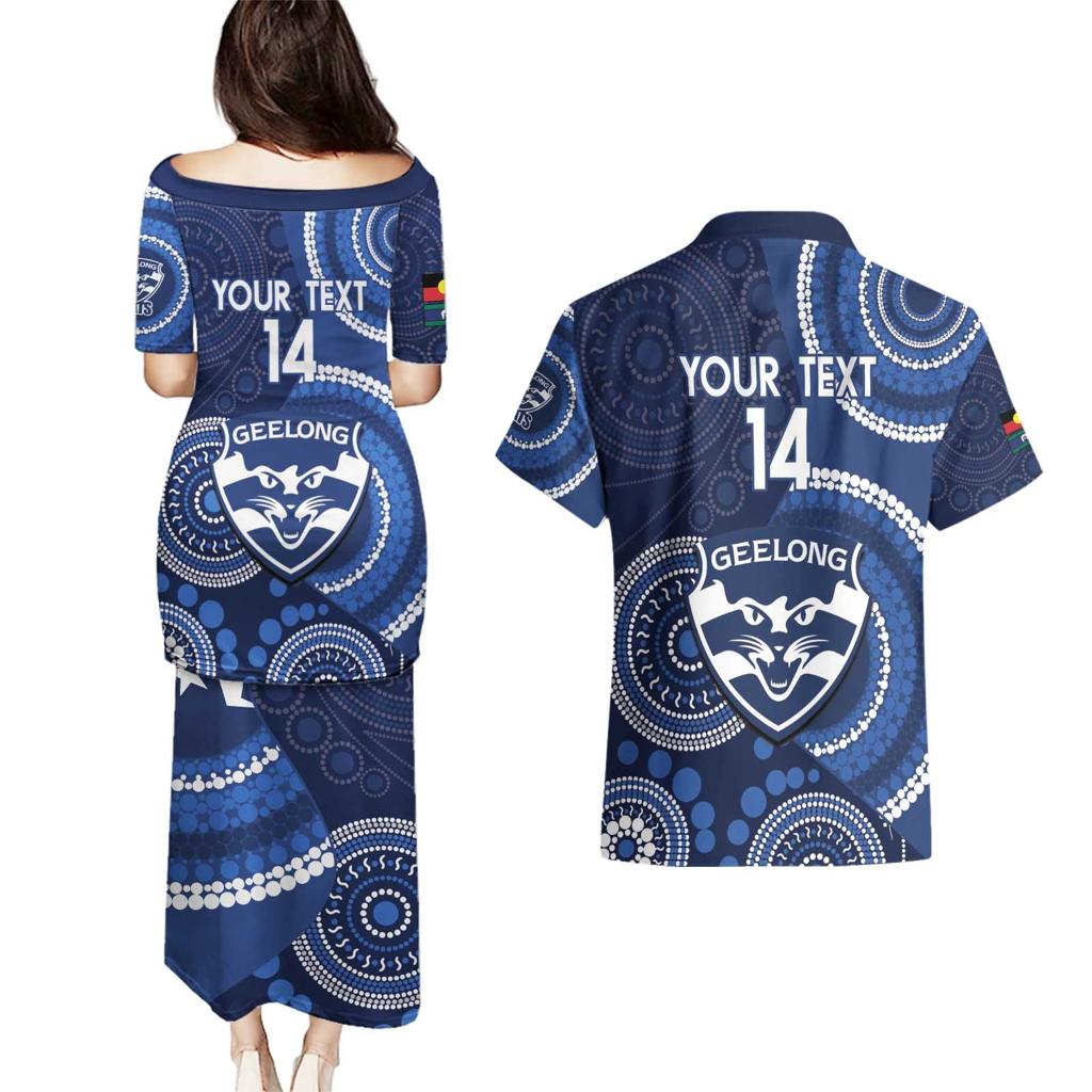Custom AFL Geelong NAIDOC Week Couples Matching Puletasi and Hawaiian Shirt Keep The Fire Burning Indigenous Art