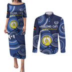Custom AFL Geelong NAIDOC Week Couples Matching Puletasi and Long Sleeve Button Shirt Keep The Fire Burning Indigenous Art