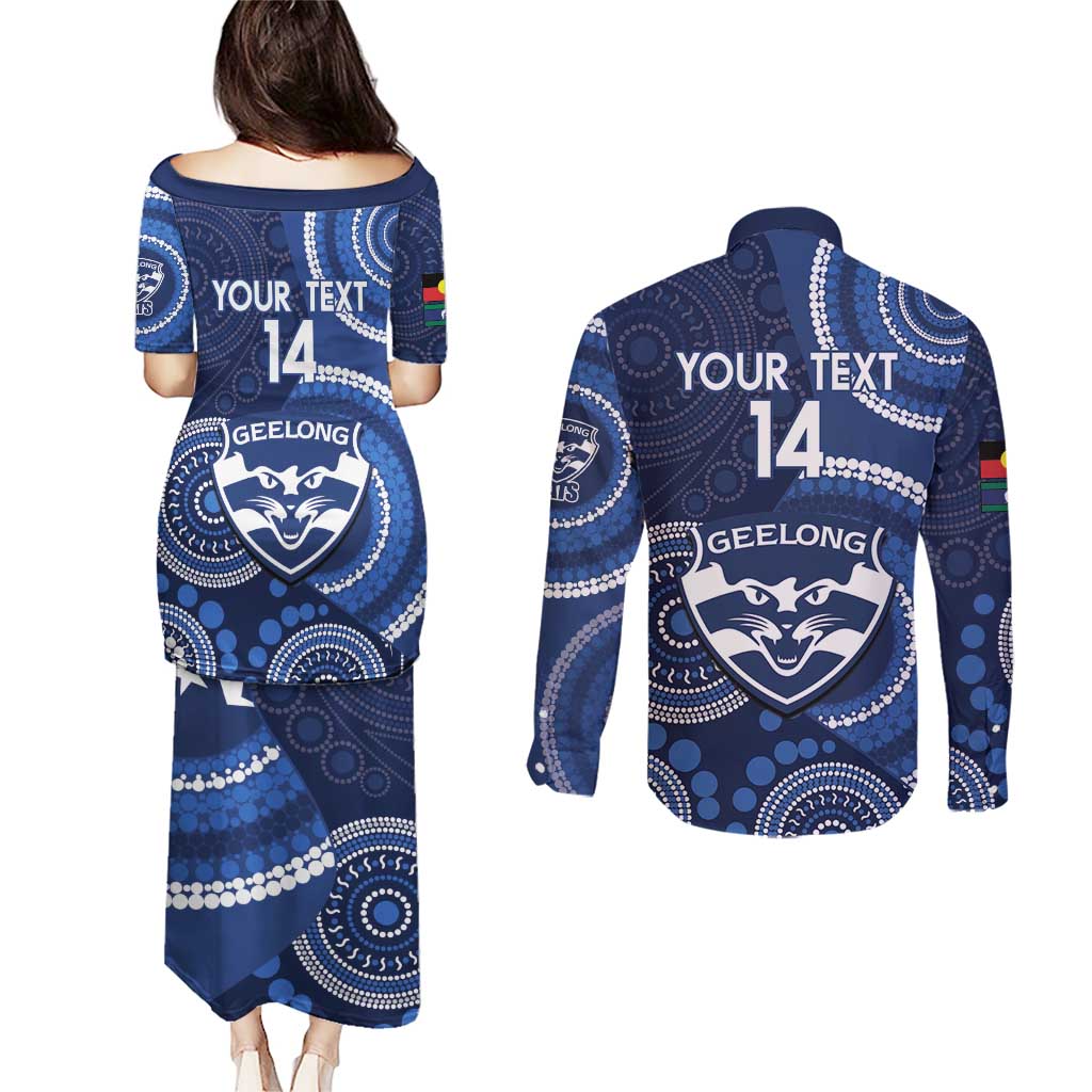 Custom AFL Geelong NAIDOC Week Couples Matching Puletasi and Long Sleeve Button Shirt Keep The Fire Burning Indigenous Art