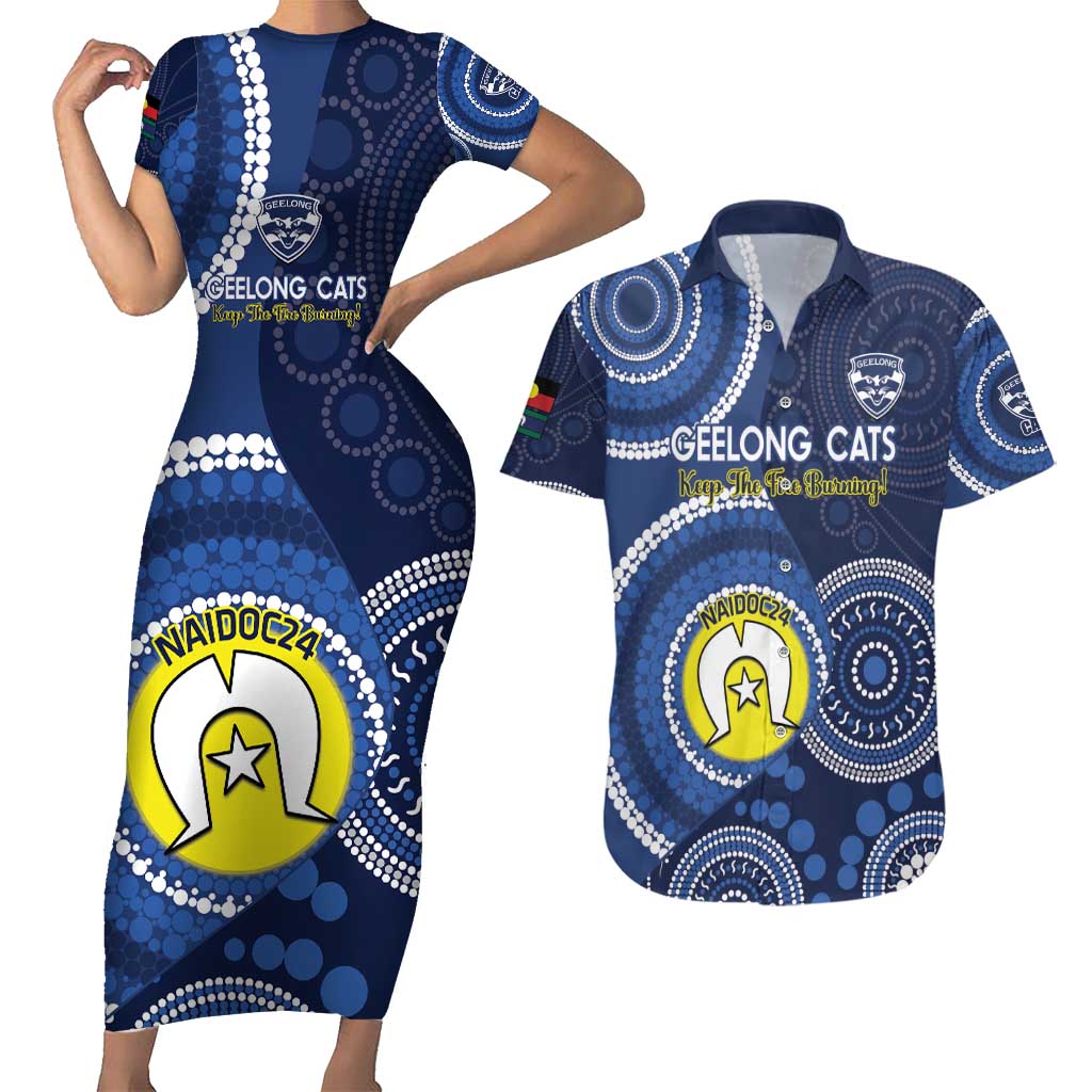 Custom AFL Geelong NAIDOC Week Couples Matching Short Sleeve Bodycon Dress and Hawaiian Shirt Keep The Fire Burning Indigenous Art