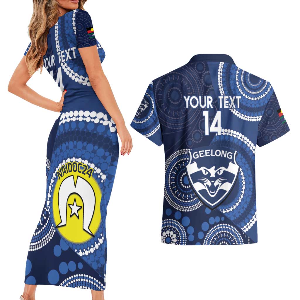Custom AFL Geelong NAIDOC Week Couples Matching Short Sleeve Bodycon Dress and Hawaiian Shirt Keep The Fire Burning Indigenous Art