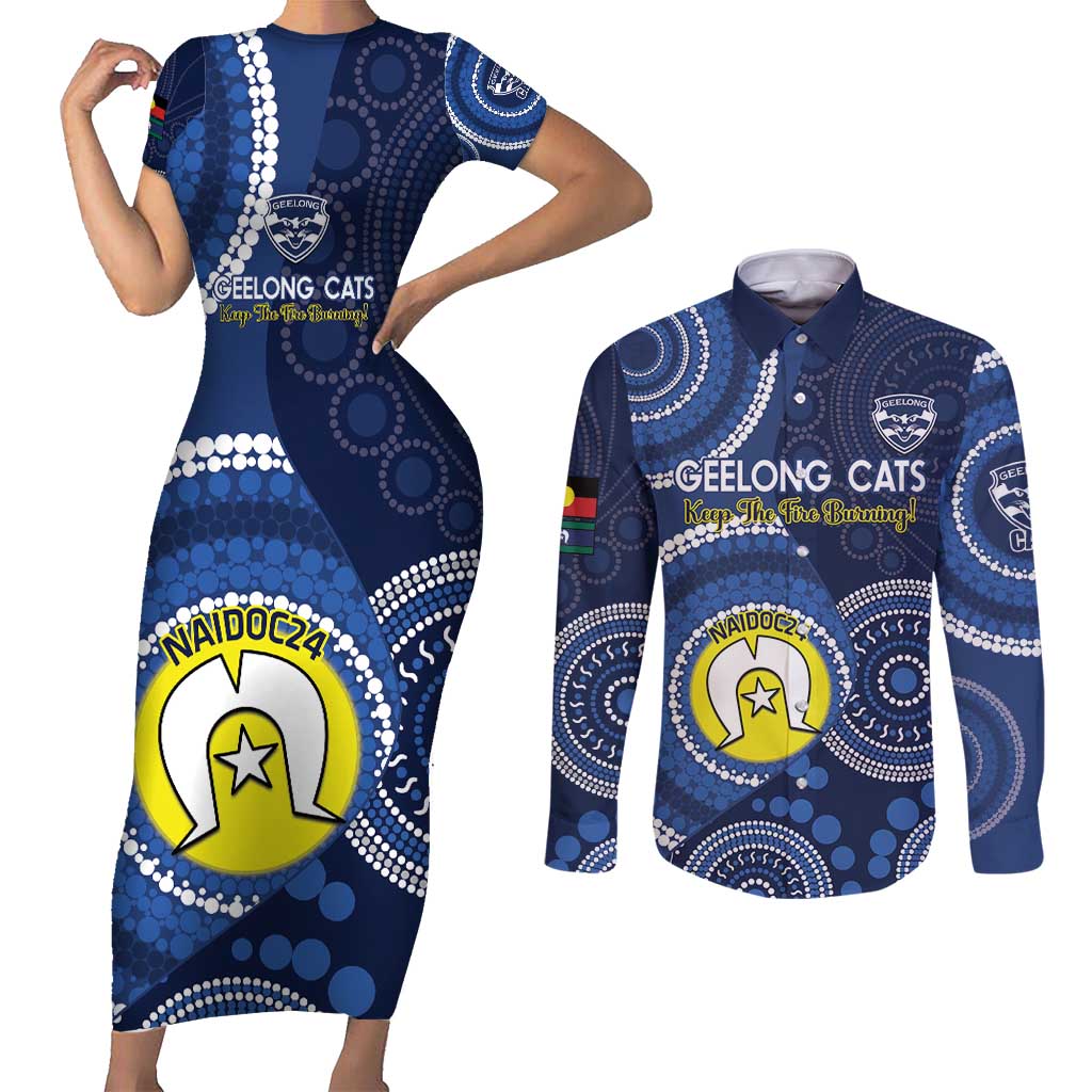 Custom AFL Geelong NAIDOC Week Couples Matching Short Sleeve Bodycon Dress and Long Sleeve Button Shirt Keep The Fire Burning Indigenous Art