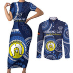 Custom AFL Geelong NAIDOC Week Couples Matching Short Sleeve Bodycon Dress and Long Sleeve Button Shirt Keep The Fire Burning Indigenous Art