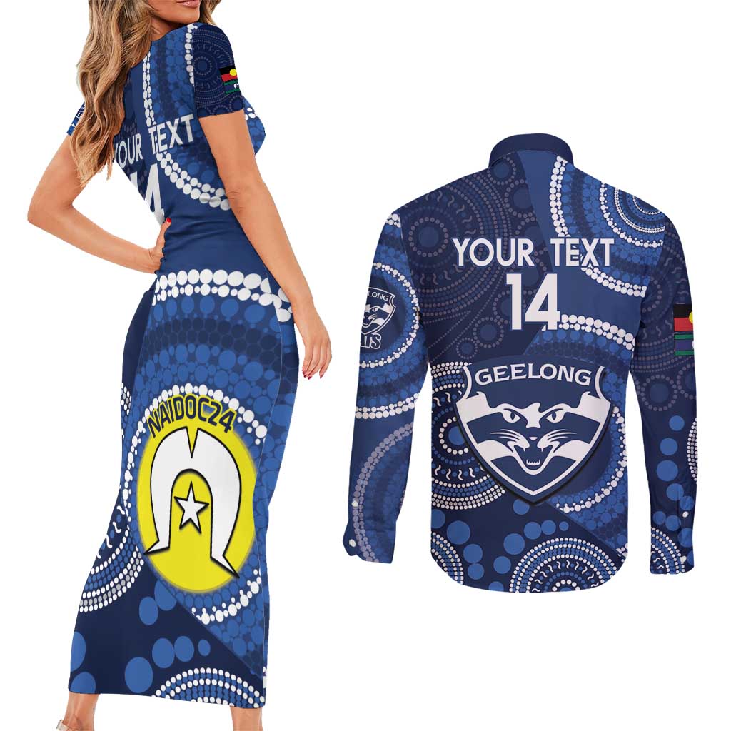 Custom AFL Geelong NAIDOC Week Couples Matching Short Sleeve Bodycon Dress and Long Sleeve Button Shirt Keep The Fire Burning Indigenous Art