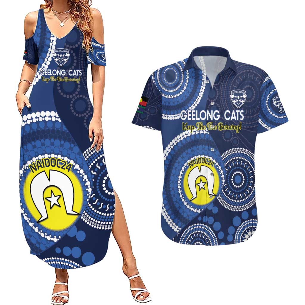 Custom AFL Geelong NAIDOC Week Couples Matching Summer Maxi Dress and Hawaiian Shirt Keep The Fire Burning Indigenous Art