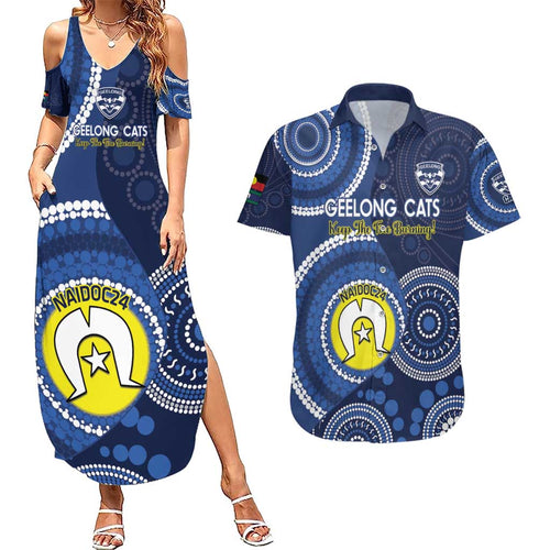 Custom AFL Geelong NAIDOC Week Couples Matching Summer Maxi Dress and Hawaiian Shirt Keep The Fire Burning Indigenous Art