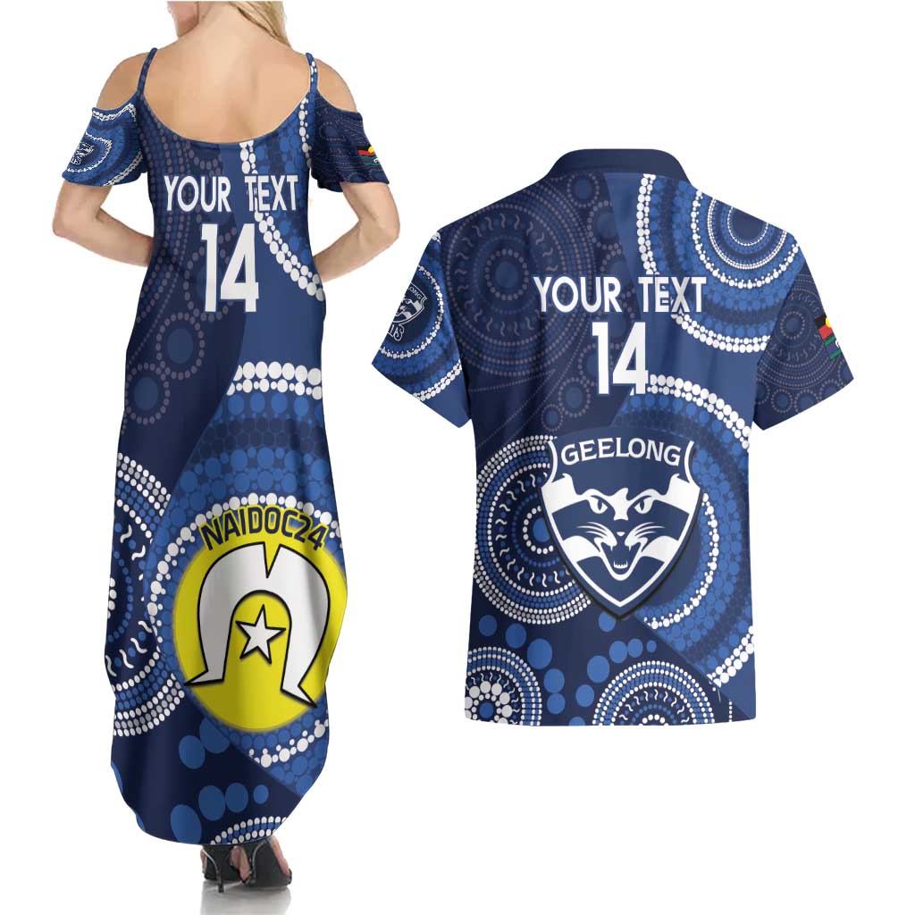 Custom AFL Geelong NAIDOC Week Couples Matching Summer Maxi Dress and Hawaiian Shirt Keep The Fire Burning Indigenous Art