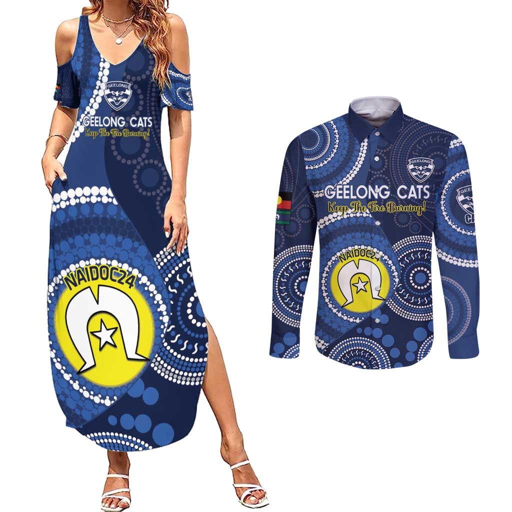 Custom AFL Geelong NAIDOC Week Couples Matching Summer Maxi Dress and Long Sleeve Button Shirt Keep The Fire Burning Indigenous Art