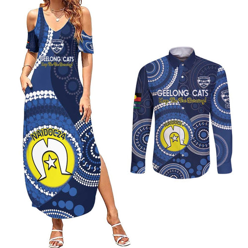 Custom AFL Geelong NAIDOC Week Couples Matching Summer Maxi Dress and Long Sleeve Button Shirt Keep The Fire Burning Indigenous Art