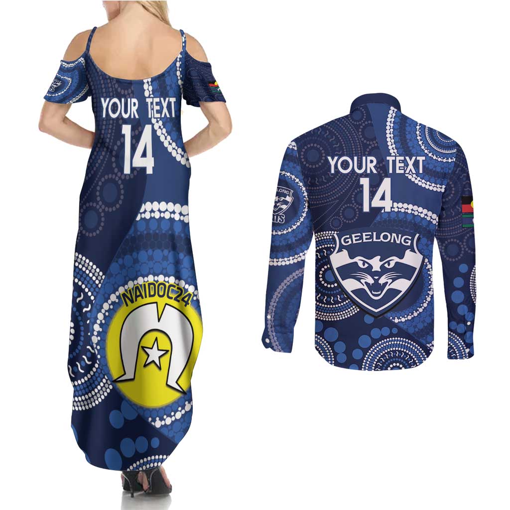 Custom AFL Geelong NAIDOC Week Couples Matching Summer Maxi Dress and Long Sleeve Button Shirt Keep The Fire Burning Indigenous Art