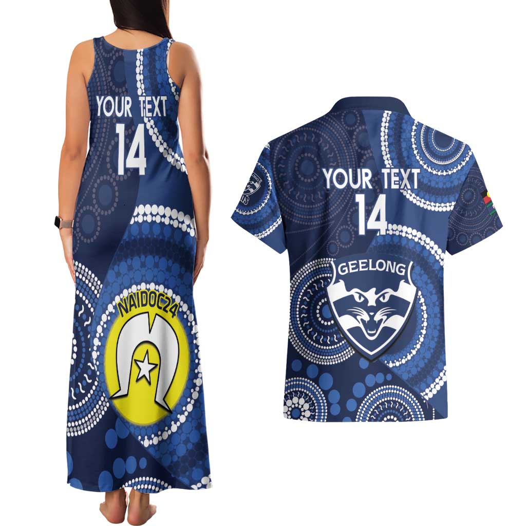 Custom AFL Geelong NAIDOC Week Couples Matching Tank Maxi Dress and Hawaiian Shirt Keep The Fire Burning Indigenous Art