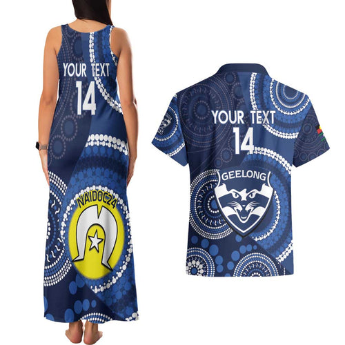 Custom AFL Geelong NAIDOC Week Couples Matching Tank Maxi Dress and Hawaiian Shirt Keep The Fire Burning Indigenous Art