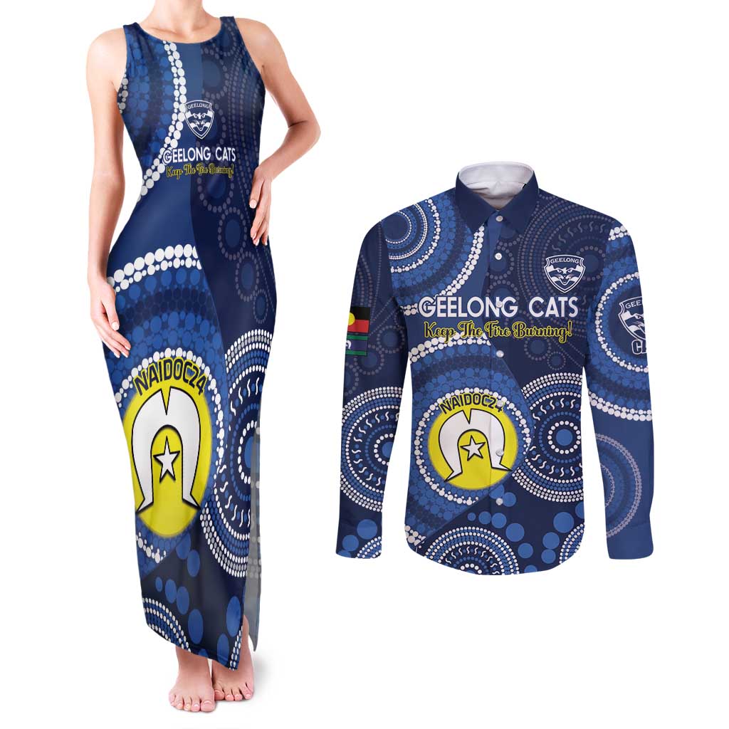 Custom AFL Geelong NAIDOC Week Couples Matching Tank Maxi Dress and Long Sleeve Button Shirt Keep The Fire Burning Indigenous Art