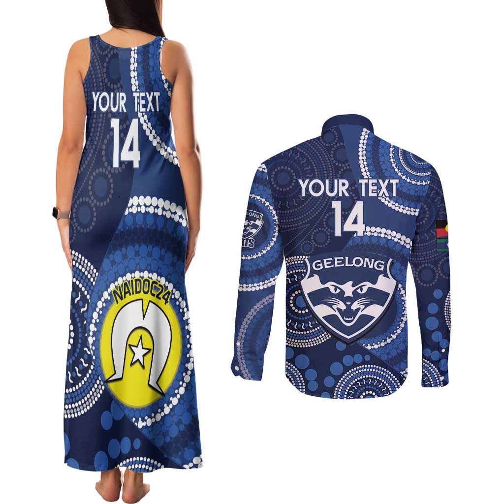 Custom AFL Geelong NAIDOC Week Couples Matching Tank Maxi Dress and Long Sleeve Button Shirt Keep The Fire Burning Indigenous Art