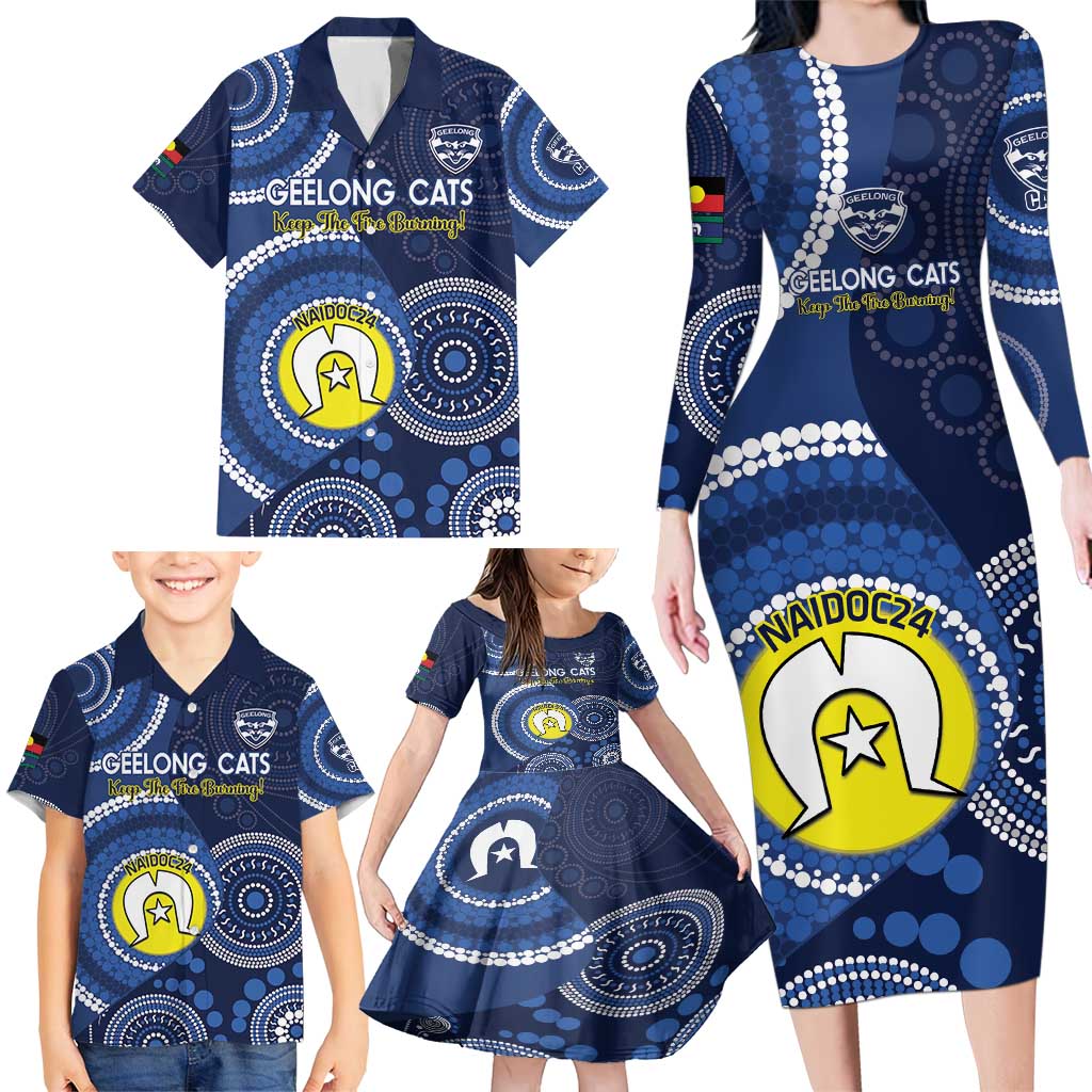 Custom AFL Geelong NAIDOC Week Family Matching Long Sleeve Bodycon Dress and Hawaiian Shirt Keep The Fire Burning Indigenous Art