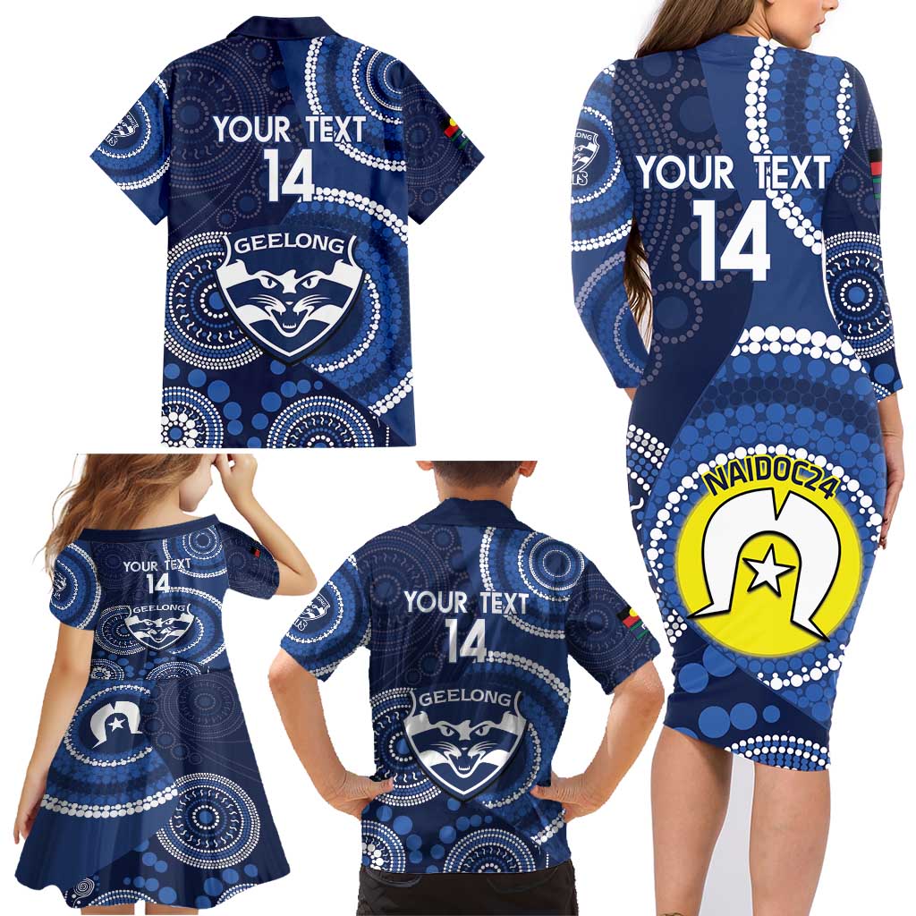 Custom AFL Geelong NAIDOC Week Family Matching Long Sleeve Bodycon Dress and Hawaiian Shirt Keep The Fire Burning Indigenous Art