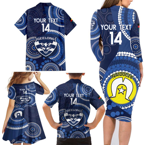 Custom AFL Geelong NAIDOC Week Family Matching Long Sleeve Bodycon Dress and Hawaiian Shirt Keep The Fire Burning Indigenous Art
