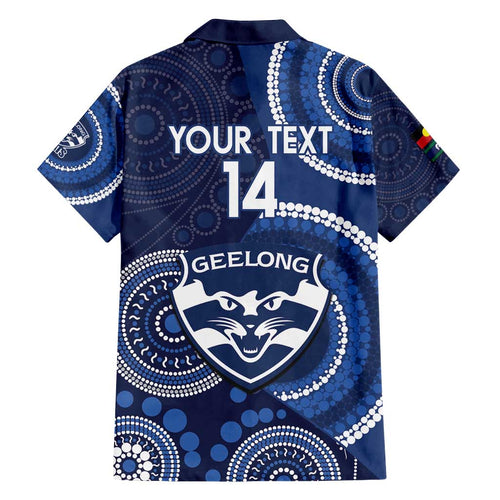 Custom AFL Geelong NAIDOC Week Family Matching Long Sleeve Bodycon Dress and Hawaiian Shirt Keep The Fire Burning Indigenous Art