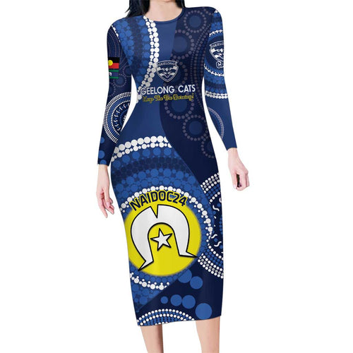 Custom AFL Geelong NAIDOC Week Family Matching Long Sleeve Bodycon Dress and Hawaiian Shirt Keep The Fire Burning Indigenous Art