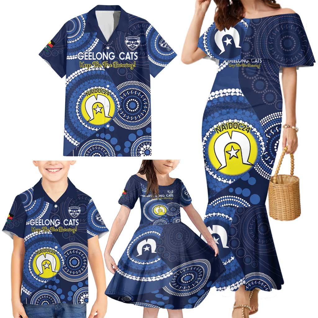 Custom AFL Geelong NAIDOC Week Family Matching Mermaid Dress and Hawaiian Shirt Keep The Fire Burning Indigenous Art