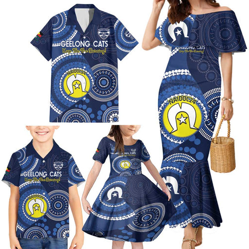 Custom AFL Geelong NAIDOC Week Family Matching Mermaid Dress and Hawaiian Shirt Keep The Fire Burning Indigenous Art