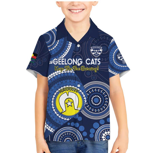 Custom AFL Geelong NAIDOC Week Family Matching Mermaid Dress and Hawaiian Shirt Keep The Fire Burning Indigenous Art