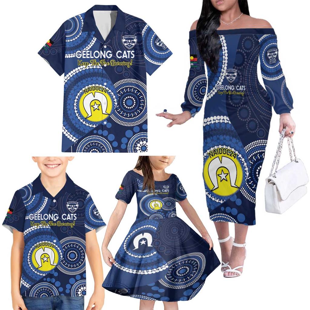 Custom AFL Geelong NAIDOC Week Family Matching Off The Shoulder Long Sleeve Dress and Hawaiian Shirt Keep The Fire Burning Indigenous Art