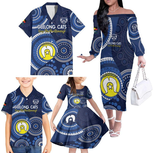 Custom AFL Geelong NAIDOC Week Family Matching Off The Shoulder Long Sleeve Dress and Hawaiian Shirt Keep The Fire Burning Indigenous Art