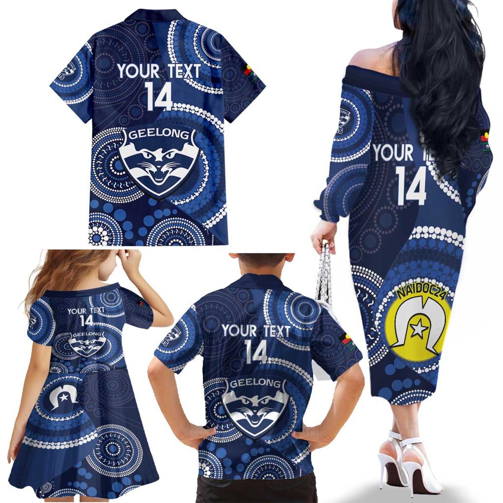 Custom AFL Geelong NAIDOC Week Family Matching Off The Shoulder Long Sleeve Dress and Hawaiian Shirt Keep The Fire Burning Indigenous Art