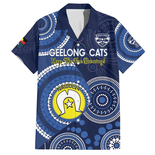 Custom AFL Geelong NAIDOC Week Family Matching Off The Shoulder Long Sleeve Dress and Hawaiian Shirt Keep The Fire Burning Indigenous Art