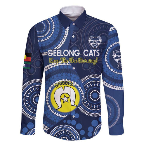 Custom AFL Geelong NAIDOC Week Family Matching Off The Shoulder Long Sleeve Dress and Hawaiian Shirt Keep The Fire Burning Indigenous Art