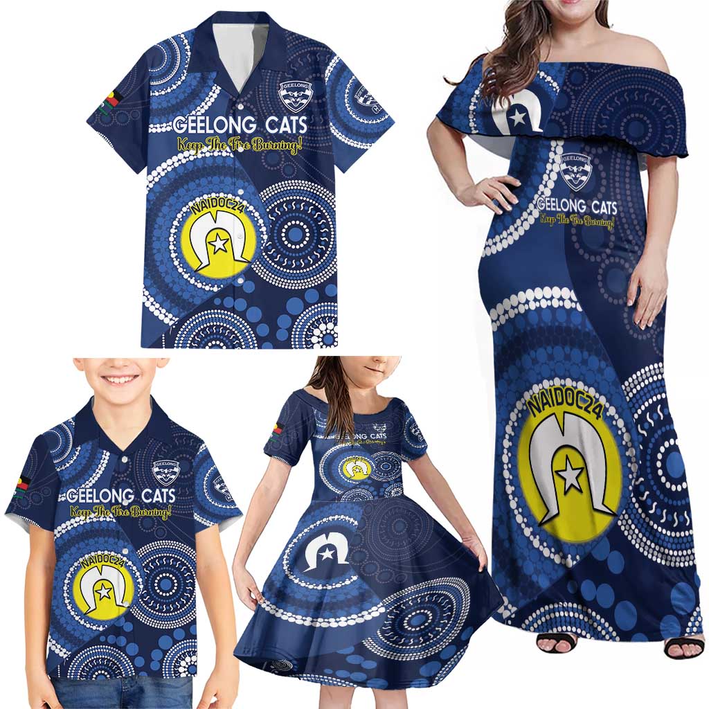 Custom AFL Geelong NAIDOC Week Family Matching Off Shoulder Maxi Dress and Hawaiian Shirt Keep The Fire Burning Indigenous Art