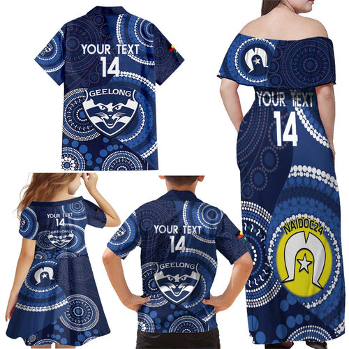 Custom AFL Geelong NAIDOC Week Family Matching Off Shoulder Maxi Dress and Hawaiian Shirt Keep The Fire Burning Indigenous Art