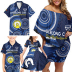 Custom AFL Geelong NAIDOC Week Family Matching Off Shoulder Short Dress and Hawaiian Shirt Keep The Fire Burning Indigenous Art