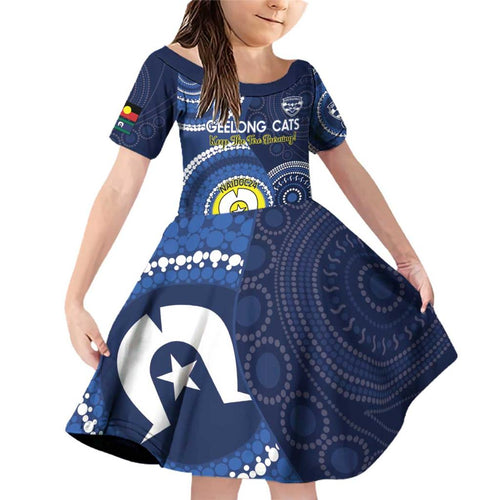 Custom AFL Geelong NAIDOC Week Family Matching Off Shoulder Short Dress and Hawaiian Shirt Keep The Fire Burning Indigenous Art