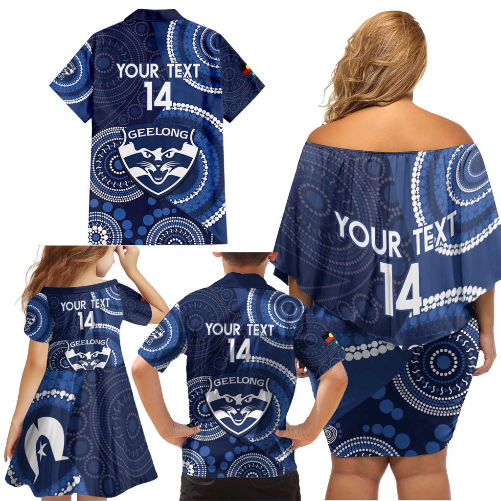 Custom AFL Geelong NAIDOC Week Family Matching Off Shoulder Short Dress and Hawaiian Shirt Keep The Fire Burning Indigenous Art