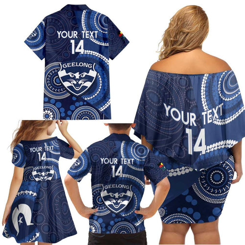 Custom AFL Geelong NAIDOC Week Family Matching Off Shoulder Short Dress and Hawaiian Shirt Keep The Fire Burning Indigenous Art