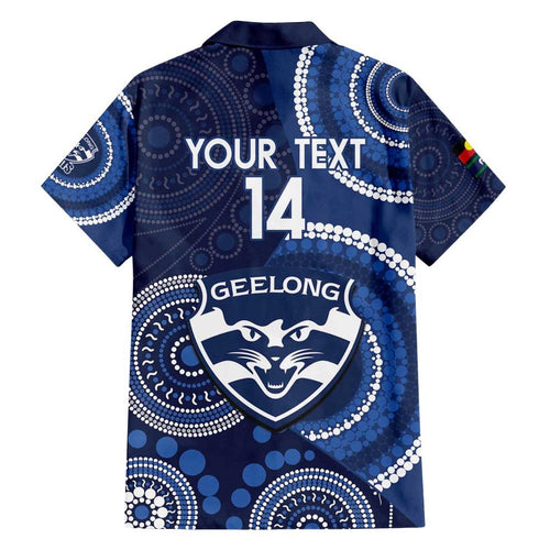 Custom AFL Geelong NAIDOC Week Family Matching Off Shoulder Short Dress and Hawaiian Shirt Keep The Fire Burning Indigenous Art