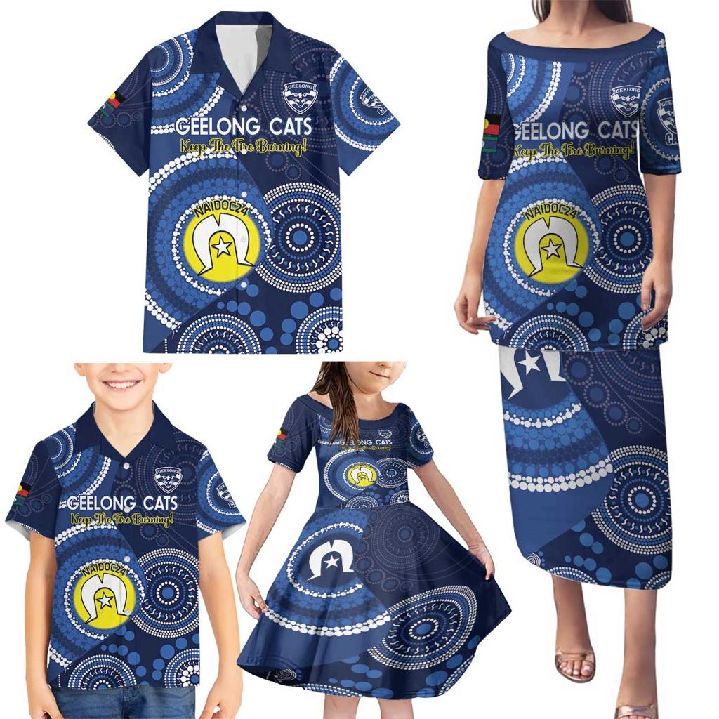 Custom AFL Geelong NAIDOC Week Family Matching Puletasi and Hawaiian Shirt Keep The Fire Burning Indigenous Art