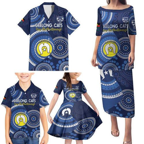 Custom AFL Geelong NAIDOC Week Family Matching Puletasi and Hawaiian Shirt Keep The Fire Burning Indigenous Art