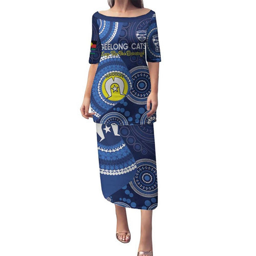 Custom AFL Geelong NAIDOC Week Family Matching Puletasi and Hawaiian Shirt Keep The Fire Burning Indigenous Art
